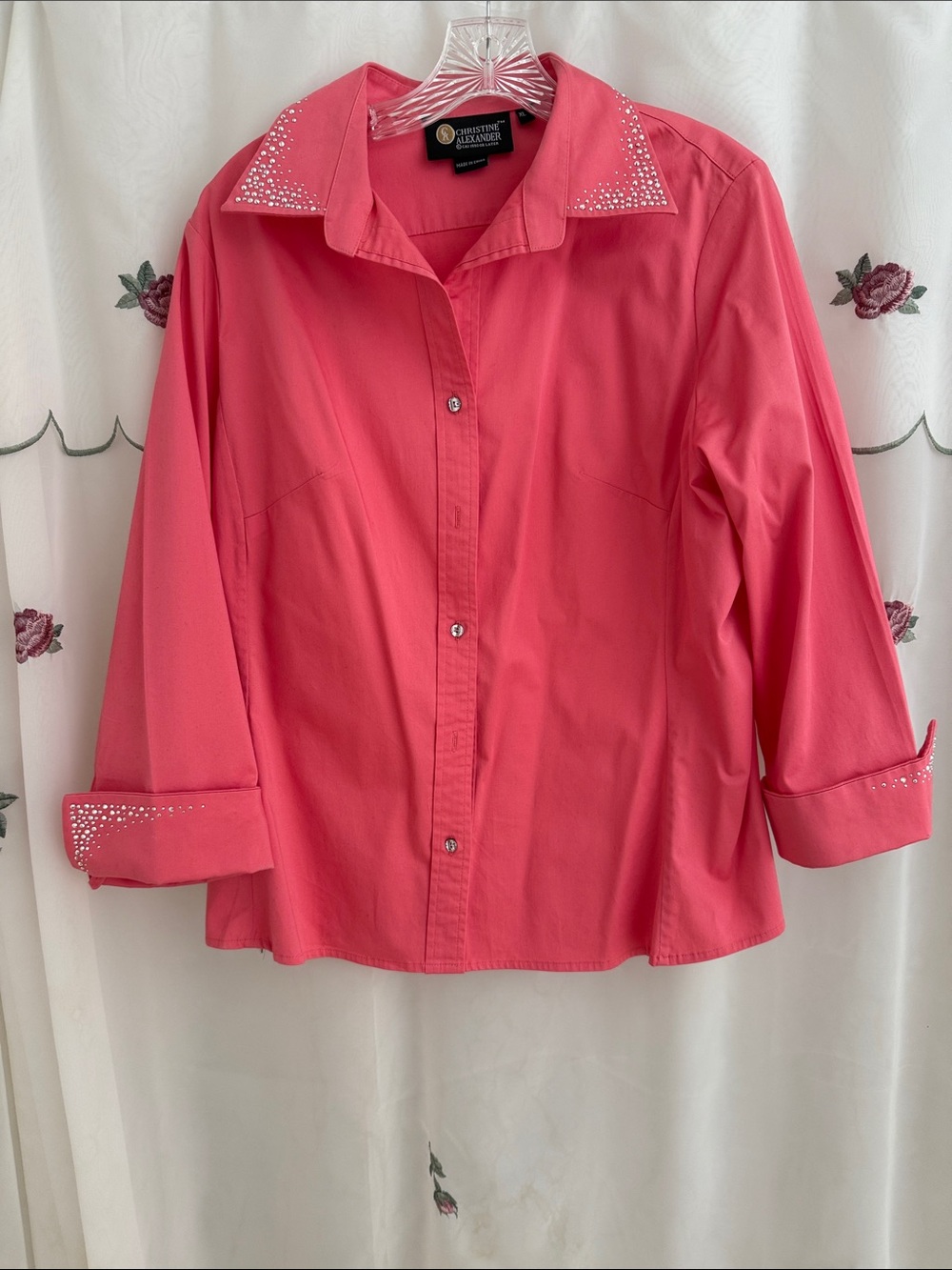 Christine Alexander Coral-Pink Button Front Shirt with Tiny Rhinestone Trim